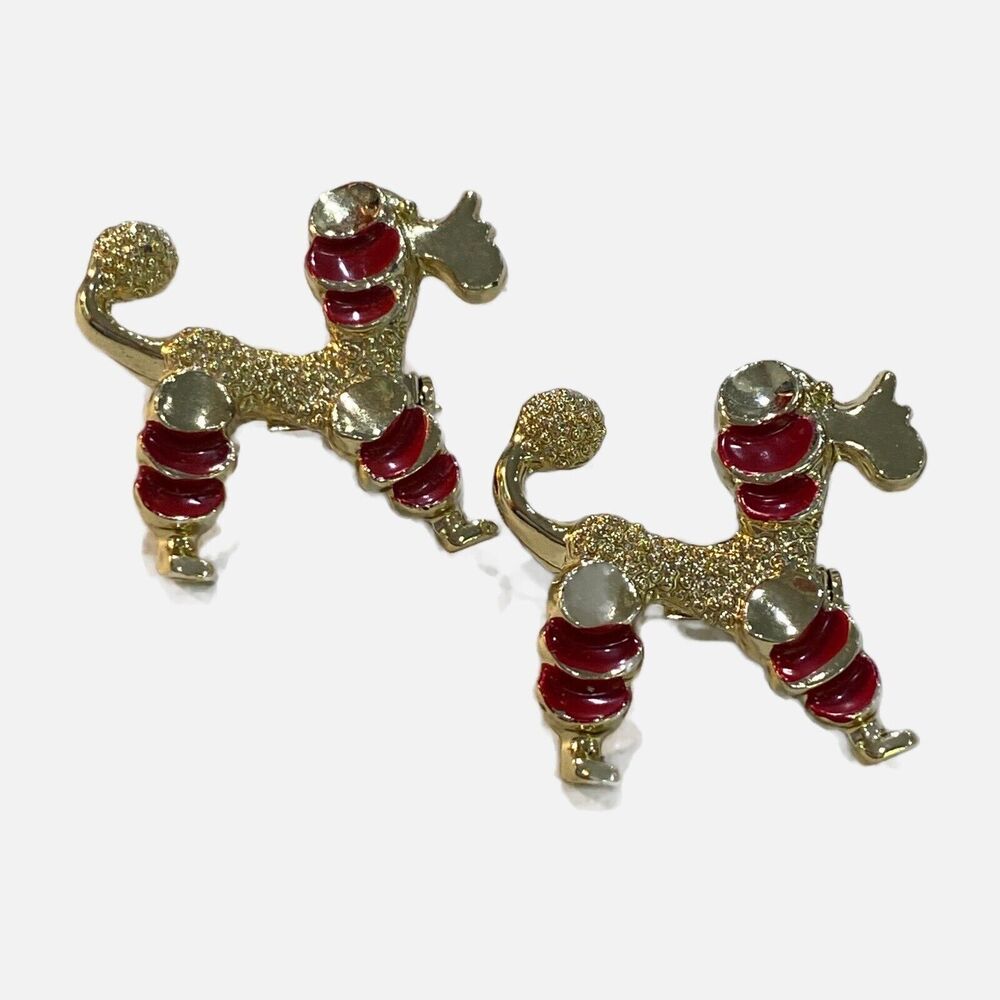 Mid Century Poodle Scatter Pins Pair Goldtone & Red Enamel Doggie Puppy Brooches